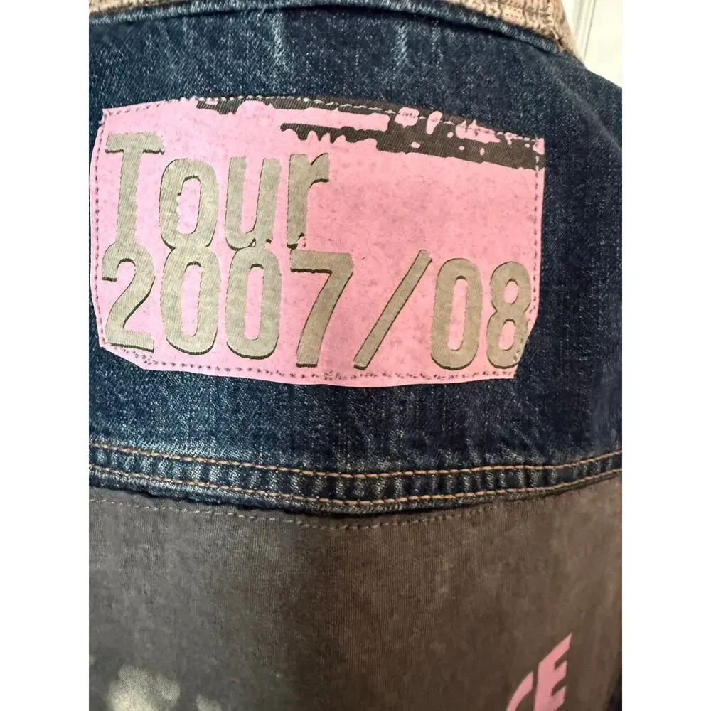 Old Navy Upcycled Denim Jacket W/The Police Graphic & Flannel Accents Size L